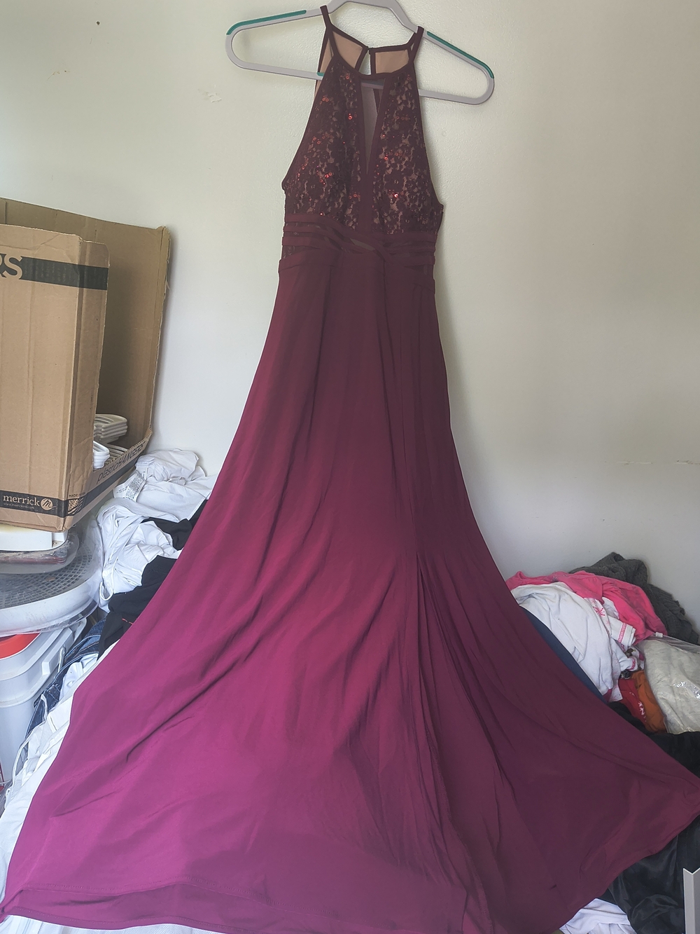 Night Way Collections Burgundy Halter Sequin Lace Prom Gown